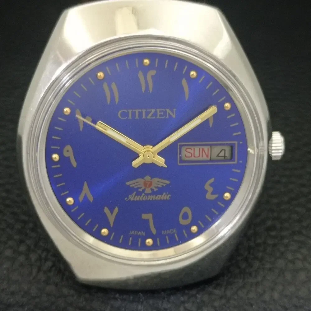 Vintage 1975 Citizen Automatic Mens Silver Watch W/daydate & Blue accents